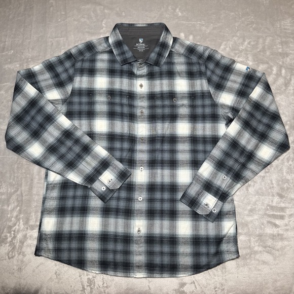 Kuhl Gray Black Plaid Long Sleeve Button Up Flannel Shirt Size Medium - Picture 1 of 13